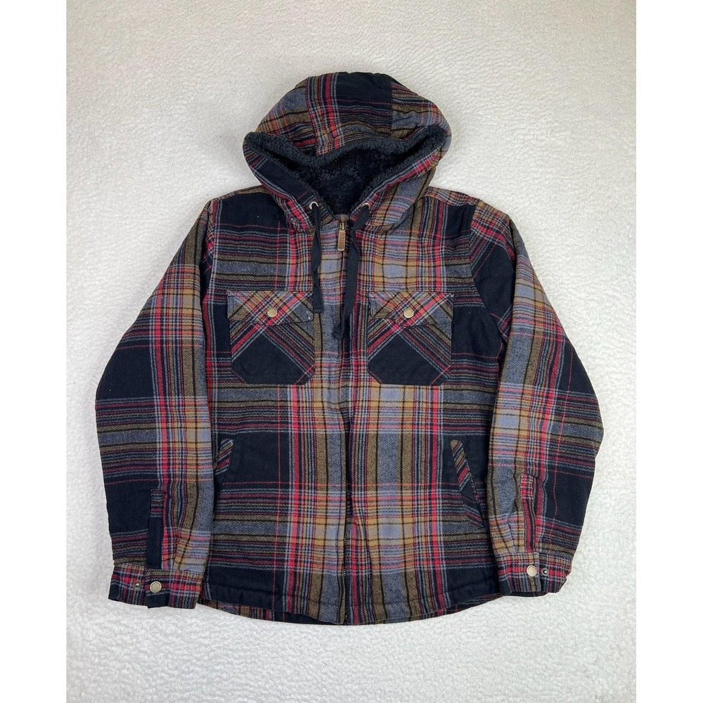 Legendary Whitetails Jacket Mens Large Black Plaid Hooded Sherpa Lined Flannel
